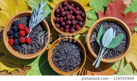 Wild rice and dried berries in wooden bowls...-插圖素材 [129593999] - PIXTA圖庫