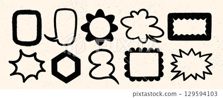 Crayon speech bubble vector set with bold black hand drawn frames, doodle comic shapes, textured balloons, and decorative text boxes on beige background. Great for posters, stickers, retro designs 129594103