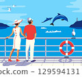 Couple in sea trip vacation enjoy dolphins jumps. Man, woman on cruise liner vessel watch playful dolphins illustration. Blue ocean scenic view background. Holiday summer season travel vector poster 129594131