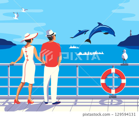 Couple in sea trip vacation enjoy dolphins jumps. Man, woman on cruise liner vessel watch playful dolphins illustration. Blue ocean scenic view background. Holiday summer season travel vector poster Couple in sea trip vacation enjoy dolphins jumps. Man, woman on cruise liner vessel watch playful dolphins illustration. Blue ocean scenic view background. Holiday summer season travel vector poster 129594131