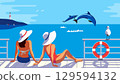 Two Females Sunbathing on Sea Pier Poster. Woman in sun hat enjoy playful dolphins jumping vector illustration. Blue ocean scenic view cartoon. Summer holiday vacation season tourist trip background 129594132