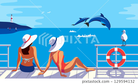 Two Females Sunbathing on Sea Pier Poster. Woman in sun hat enjoy playful dolphins jumping vector illustration. Blue ocean scenic view cartoon. Summer holiday vacation season tourist trip background 129594132