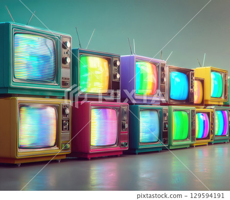 Collection of vintage televisions arranged in a colorful row against a vibrant backdrop with glowing screens 129594191