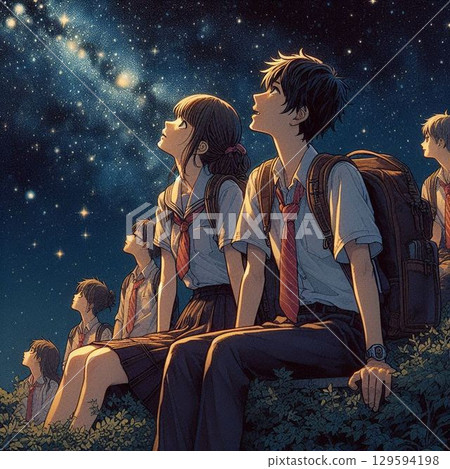 一對男女仰望星空,美麗的夜景和美麗的男女 一對男女仰望星空,美麗的夜景和美麗的男女 129594198