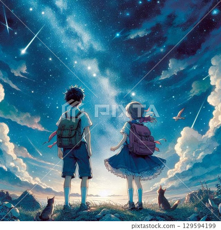 A man and a woman looking up at the starry sky, a beautiful night view and a beautiful man and woman 129594199