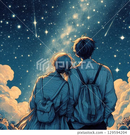 一對男女仰望星空，美麗的夜景和美麗的男女 129594204