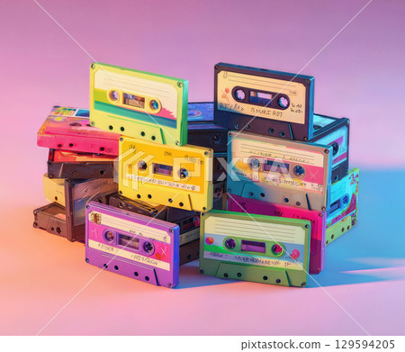 Colorful retro cassette tapes stacked in an artistic arrangement against a soft gradient background 129594205