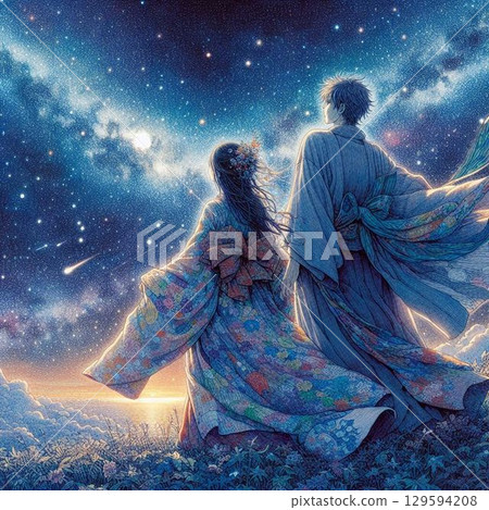 一對男女仰望星空，美麗的夜景和美麗的男女 129594208