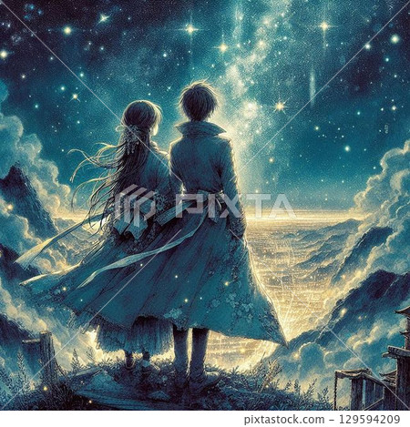 一對男女仰望星空，美麗的夜景和美麗的男女 129594209