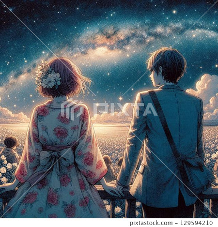 一對男女仰望星空，美麗的夜景和美麗的男女 129594210