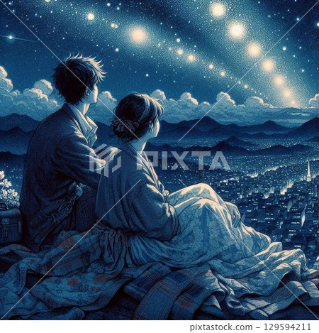 一對男女仰望星空，美麗的夜景和美麗的男女 129594211