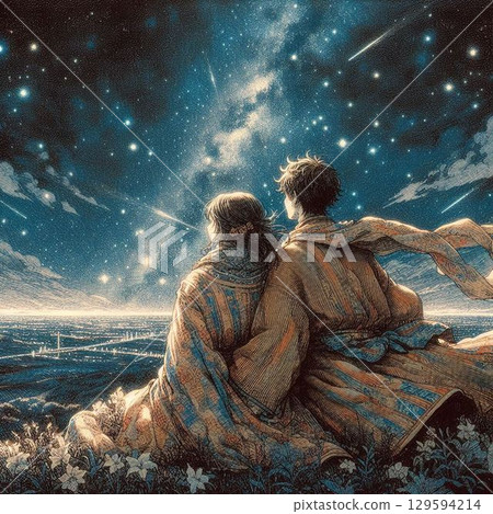 一對男女仰望星空，美麗的夜景和美麗的男女 129594214