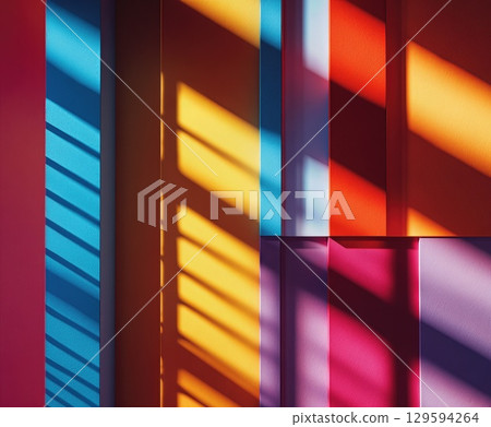 Vivid geometric shadows cast on colorful walls during late afternoon light in an artistic space 129594264