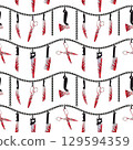 Halloween Zombie Vampire Party seamless vector pattern. Bloody cutting instruments cartoon design element. Halloween horror symbols isolated. 31 October holiday banner background, template 129594359