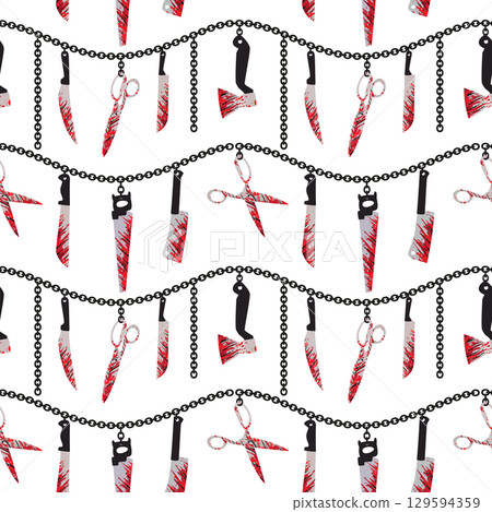 Halloween Zombie Vampire Party seamless vector pattern. Bloody cutting instruments cartoon design element. Halloween horror symbols isolated. 31 October holiday banner background, template 129594359