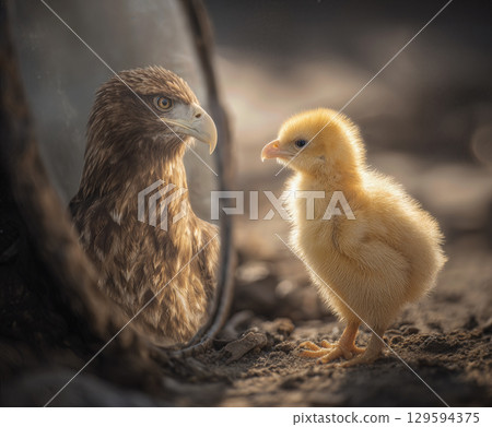 Small yellow chick observes a majestic eagle in a reflective moment during golden hour Small yellow chick observes a majestic eagle in a reflective moment during golden hour 129594375