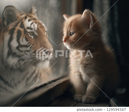 Small kitten curiously gazes at tiger through a window on a serene afternoon in a cozy room Small kitten curiously gazes at tiger through a window on a serene afternoon in a cozy room 129594387