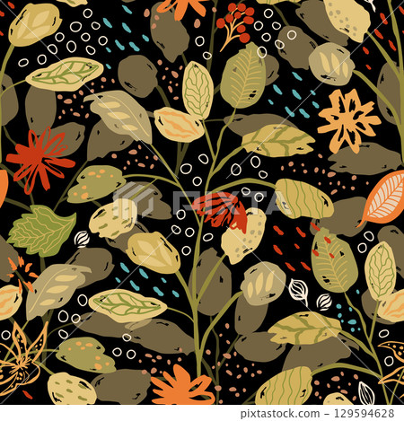 Autumn bright floral leaves seamless pattern on the black. Cute hand drawn vector fall foliage repeat background 129594628