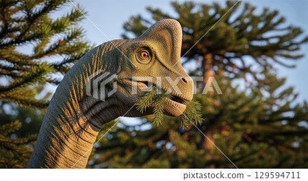 Realistic Dinosaur Model Eating Pine Branch in Natural Forest Setting 129594711