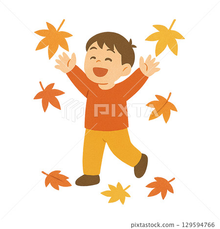 孩子玩耍落葉的插圖（透明背景） 129594766
