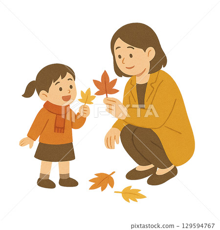父母和孩子觀察落葉的插圖(透明背景) 父母和孩子觀察落葉的插圖(透明背景) 129594767