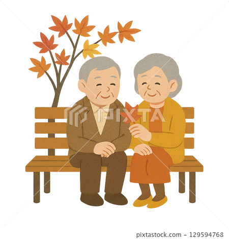 Illustration of an elderly couple spending time on a park bench surrounded by autumn leaves (transparent background) 129594768