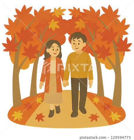 一對情侶沿著紅葉林蔭小徑散步的插圖（透明背景） 129594773