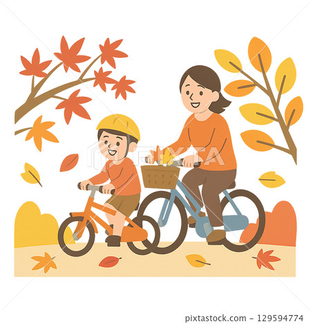 父母和孩子在落葉路上騎自行車的插圖（透明背景） 129594774