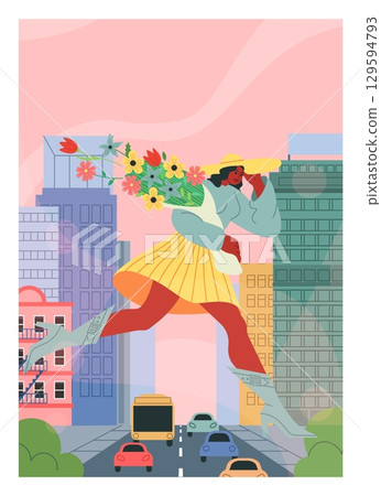 City building. Happy young woman walking. Urban pedestrian crossing car road. Attractive girl carrying flower bouquet. Big female among downtown skyscrapers. Huge person at crosswalk. Vector concept 129594793