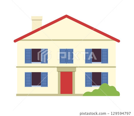 City building. Home exterior. Real estate. Suburban house. Residence facade. Mansion door porch. Residential construction with chimney. Urban architecture front view. Vector cityscape isolated element 129594797