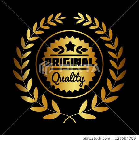 Gold award. Original quality logo. Luxury tag. Exclusive badge. Certificate round emblem with laurel wreath. Best winner reward. Golden medal. Victory achievement metal tag. Vector guarantee sticker 129594799