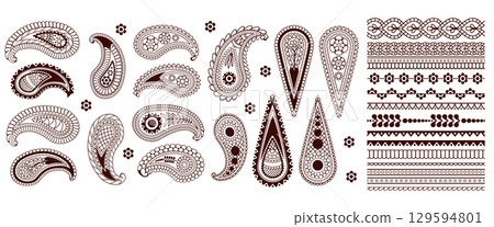 Henna tattoo doodle. Indian mehndi paisley. Hindi scrolls. Floral mandala elements set. Oriental ornamental lace. Embellishment border. Arabesque swirl patterns. Vector decorative ethnic art motif 129594801