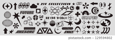 Y2k icon. Retro star, heart moon, globe element. Pattern of 80s, orbital geometry. Cyber planet, symbol futuristic isolated decorative elements. Smile doodle, graphic techno. Vector rave garish design Y2k icon. Retro star, heart moon, globe element. Pattern of 80s, orbital geometry. Cyber planet, symbol futuristic isolated decorative elements. Smile doodle, graphic techno. Vector rave garish design 129594802