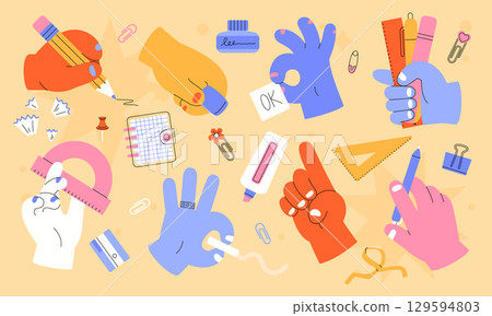 Hand holds pen. Palm with pencil and paintbrush. Flat school art illustration. Arm with stationery. Brush and protractor. Education doodle icon. Note clip. Color fingers. Vector cartoon stickers set 129594803