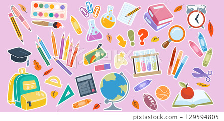 School sticker supply. Back icon, cute book, pencil and pen. Paper note, stationery brush. Backpack for schoolboy, chemistry bottles and scissors. Children education, cartoon elements. Vector art set School sticker supply. Back icon, cute book, pencil and pen. Paper note, stationery brush. Backpack for schoolboy, chemistry bottles and scissors. Children education, cartoon elements. Vector art set 129594805
