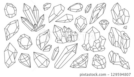 Crystal shape. 3d stone logo, hipster diamond gem art or mineral, polygon jewelry and diamonds. Triangle hexagon symbol. Outline isolated quartz composition treasure pendant. Vector line minimal icons 129594807