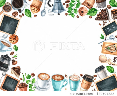 Watercolor-style white background | Cafe motif frame illustration with gentle muted colors 129594882