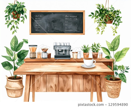 以咖啡館為主題的時尚水彩背景，輕輕地排列在白色背景上 129594890