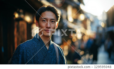A man smiles in traditional clothing in a summer cityscape 129595048