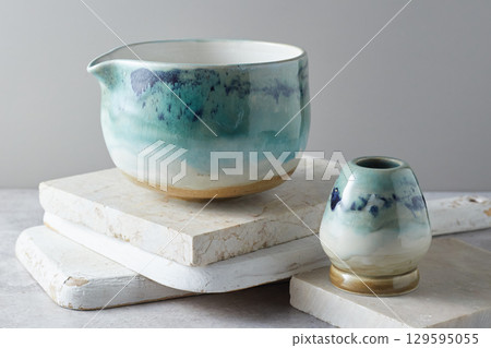 Tea bowl ceramic on gray background. Tea bowl ceramic on gray background. 129595055