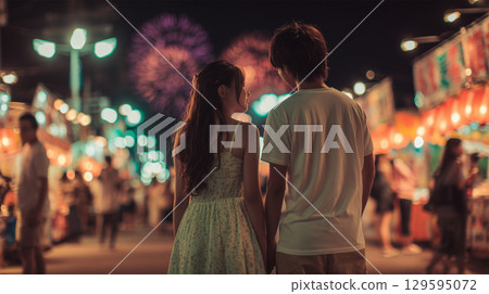 Two young men and women in summer clothes enjoying fireworks 129595072