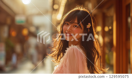 A woman smiling like a young girl in a summer cityscape 129595075