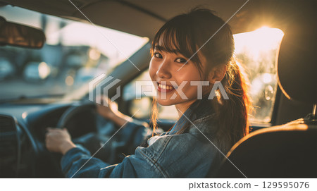A woman casually looks back in the driver's seat 129595076