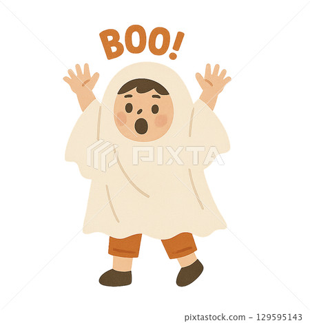 Illustration of a child dressed as a ghost for Halloween (transparent background) 129595143