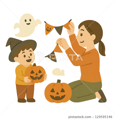 Illustration of parents and children decorating for Halloween (transparent background) 129595146