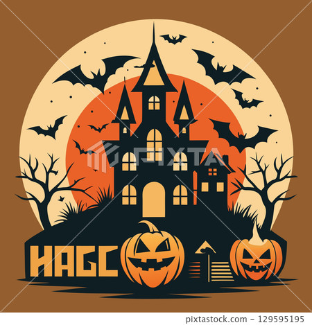 halloween party invitation design with cemetery and pumpkins. halloween greeting card or poster template. 129595195