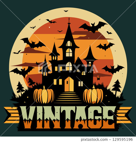 halloween party invitation design with cemetery and pumpkins. halloween greeting card or poster template. 129595196