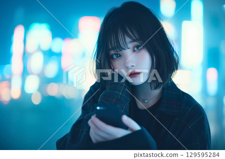 一位憂心忡忡的女人拿著智慧型手機 129595284