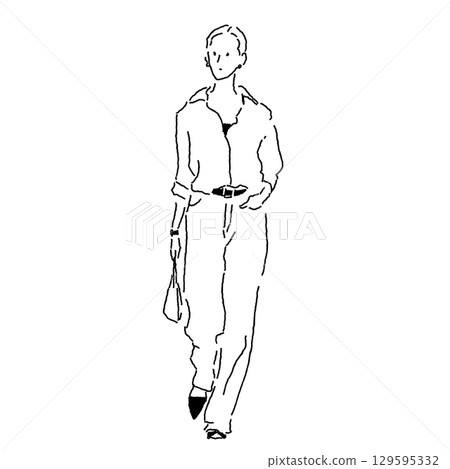 身穿襯衫和寬牛仔褲的女性的線條畫 129595332