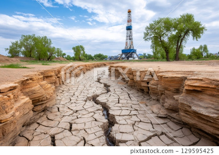 Drilling rig operating near a dry cracked riverbed illustrating environmental impact Drilling rig operating near a dry cracked riverbed illustrating environmental impact 129595425